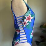 Hot Kiss  Blue Floral One Piece Swimsuit‎ cutouts tropical flowers medium Photo 3