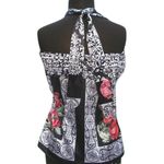 Cache Black White Silk Ruched Halter Top Built In Bra Side Zip Stretch $108 NWT Photo 2