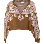 Altar'd State Floral Sweater Brown Lavender Geometric V Neck Long Sleeve Knit Photo 0