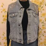 Rhinestone Fringe Denim Jacket Sleeveless Collared washed blue size S Photo 2