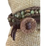 Bohemian Beaded Leather Wrap Bracelet Stones Button Clasp Rustic Earth Tones 21" Green Photo 3