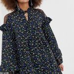 Collusion Floral Long Sleeve Black Dress with Ruffle Details Lace Back Size 12 Blue Photo 1