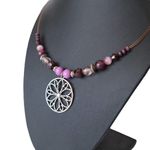 Purple & Silver Beaded Necklace With Floral Pendant Adjustable Chain Clasp Photo 1