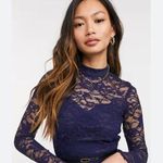 Lily White  lace shirt in navy with neck hugging color and 2 gold buttons Photo 0