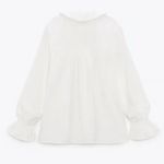 ZARA  Oyster White Pearl Lapel Tie Collar Ruffled Cuffs Button Down‎ Blouse XS Photo 5
