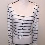 Live in the Moment White Cropped Long Slv Button Scoop Neck Top M Black Stripes Photo 0