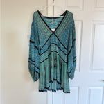 Free People Top Green Blue Luna Scarf Print Balloon Sleeve Boho Tunic L NWT Photo 1