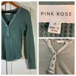 Pink Rose Long Sleeve Waffle Knit Henley Top Green Size Small Distressed V-Neck Photo 12