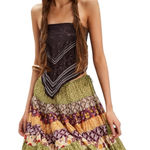 Free People NWT  Many Layers Printed Skirt Full Flowy Boho Scarf Stripes Earthy M Photo 0