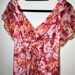 Carmen Marc Valvo 100% Silk Floral Ruffle Midi Dress Pink Orange S-8 Wedding Guest Cocktail Sunset Photo 9
