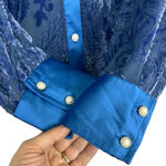 Y2K Meritt Velvet Burnout Satin Button Up Top Small Paisley Blue Long Sleeve VTG Photo 3