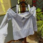 Allison Joy  Blue White Striped Off-Shoulder Fitted Work Blouse size Small Photo 2
