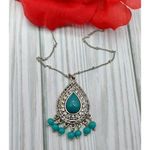 Silver Tone Pendant Necklace Saturn Chain Teardrop Rhinestones Dangle Beads 19" Photo 0