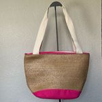 Straw Fabric Tan Pink Tote Bag Beach Picnic Photo 2