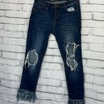 Machine Nouvelle Mode Blue Capri Jeans High Rise Raw Frayed Knee 30 Ripped Dark Photo 6