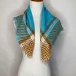 Aqua Tan Camel Plaid Square Scarf Fringe 26" Blue Photo 0