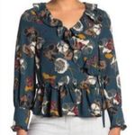 Anthropologie Anthro Everleigh Dark Green Blue Floral V Neck Ruffle Wrap Long Sleeve M Photo 2