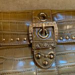 Kathy Van Zeeland  Python Snakeskin Top Zip Clutch Green Beige Rhinestones Photo 4