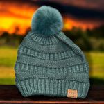 Authentic C.C Beanie Women’s Green Slouchy Cable Knit Faux Fur Pom Hat Winter Photo 5