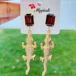 Faux Red Stone Gold Tone Alligator Statement Earrings Photo 0