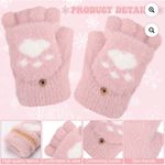 White and Pink Cozy Fingerless Gloves with Paw Print Photo 4