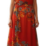 MSK Red Floral Blouson Belted Maxi Dress Ankle Length Sleeveless Size 8 Photo 0