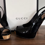 Gucci  Patent Leather Slingback Heels Sz 8.5 / EU 38.5 Black Peep Toe Classic Box Photo 0