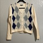 Love Tree  Cream and Blue Argyle Cardigan Sweater Photo 0