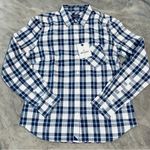 NWT UNTUCKit Size 0 Navy Blue White Plaid Women Long Sleeve Button Up Causal Photo 0