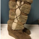 70's SNOWLAND Women's Beige Suede Leather TALL Boots Faux Fur Wedge Heel Sz 7 Photo 1