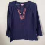 Lilly Pulitzer Navy Blue Lurex Stripe Coral Embroidery Tunic Top Size S Photo 0