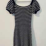ZARA  Navy & White Striped Stretch Knit Puff Sleeve Fit & Flare Mini Dress Size M Photo 0