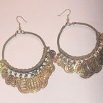 Brass Tone Aged Gold Tone Coin Dangle Boho Retro Hoop Earrings Photo 0