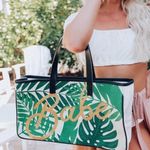 Babe Large Green Beige Tropical Vacation Beach Tote Bag Photo 0