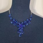 Statement Silver and Blue Floral Crystal Necklace and Earrings Set Photo 5