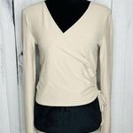 Planet Gold  Wrap Front Top Shirt Light Brown Long Sleeve Sz M Scrunch Side Photo 0