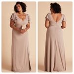 Birdy Grey Birdy Gray Hannah Flutter Sleeve Crepe Bridesmaid Maxi Dress Sz M in Taupe‎ NEW Photo 1