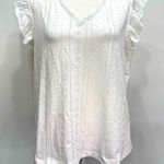 NEW White Knit Eyelet Lace Trimmed V Neck Top with Flutter Sleeves Size Large Photo 0