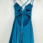 La Femme  28571 Deep V Faux Wrap Neck Lace-Up Back Satin Dress Photo 6