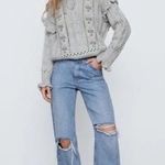 ZARA Oversized Grey Pink Embroidered Ruffle Sweater Photo 5