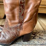 Vintage Tooled Leather Western Cowboy Stacked Heel Boots in Cognac Brown Photo 6