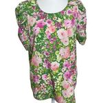 Pleione Green Pink Floral Blouse Ruched Short Sleeves Medium Garden Flower Roses Photo 0