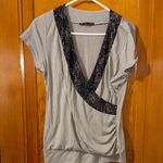 Maurice's  Gray V-Neck Blouse with Black Lace Photo 0