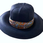 Vintage Filene’s Navy Blue Sun Straw Hat with Satin Paisley Ribbon Photo 0