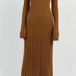 H&M Ribbed Knit Bodycon Midi Dress Mockneck Long Sleeve Brown Women's 4 Photo 0