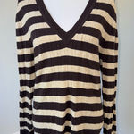 Old Navy Women’s XL Brown Beige Striped Cable Knit V-Neck Sweater Y2K Academia Photo 0