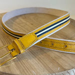 Vintage Italy Made Yellow Navy Stripe Belt With Gold Buckle Size Medium Photo 0