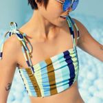 Aerie  Ribbed Long Line Bandeau Bikini Top Ruched Striped Blue Yellow Size M NEW Photo 0