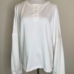 White Henley Shirt Full Gathered Sleeve Lettuce Hem Top Sz Medium Photo 0
