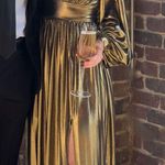 Gianni Bini - Zella Gold Plunging V-Neck Long Sleeve V-Back Front Slit Column Gown Photo 0